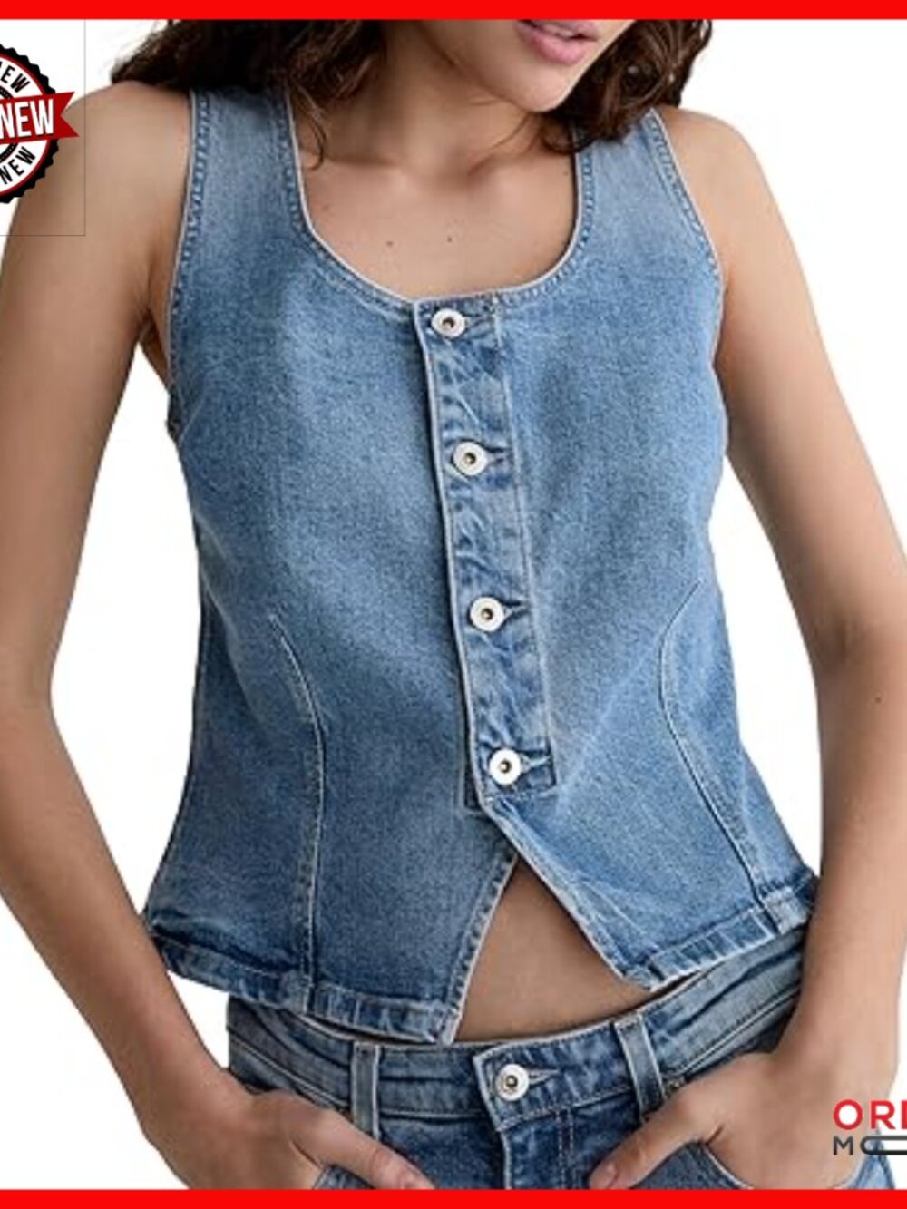 Large Denim Vest Fitted Cotton Blend Button Closure Casual Outerwear